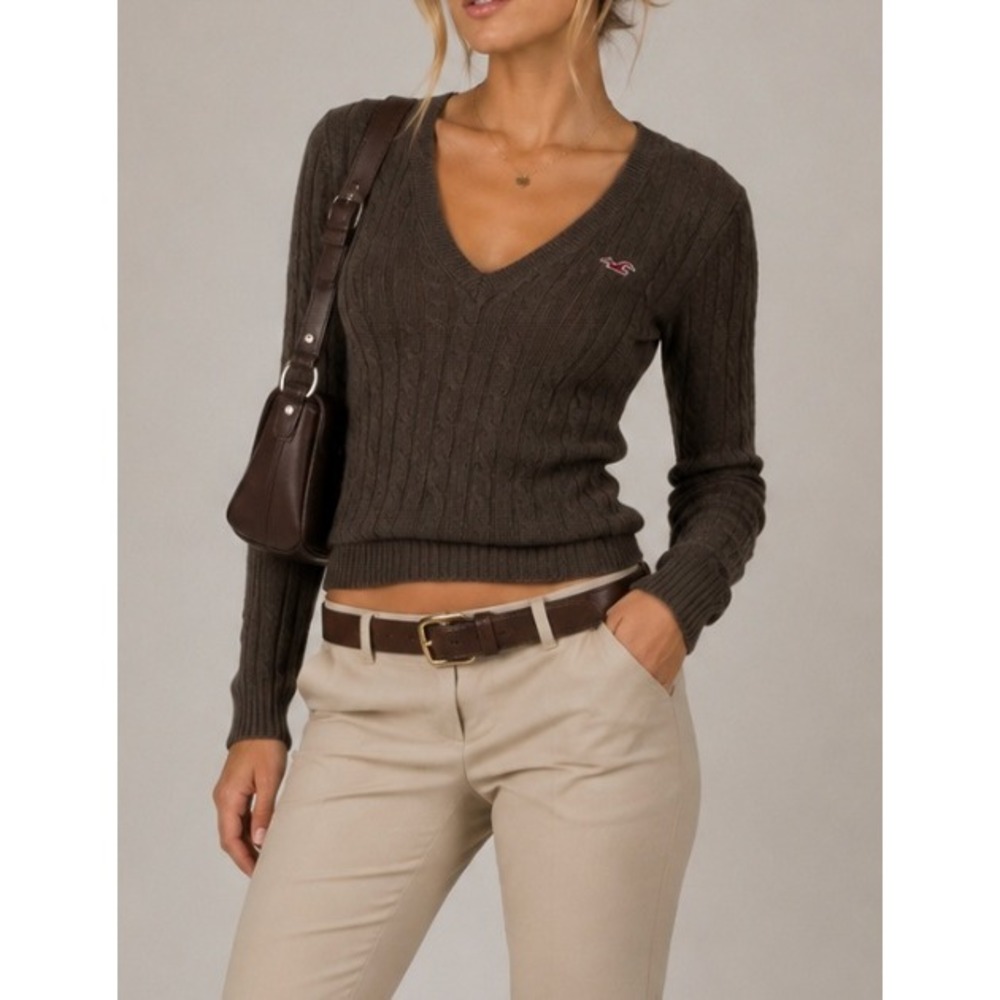 Vtg Hollister Brown Cable Knit V-Neck Sweater Women Bella Swan Rabbit Hair Y2K L